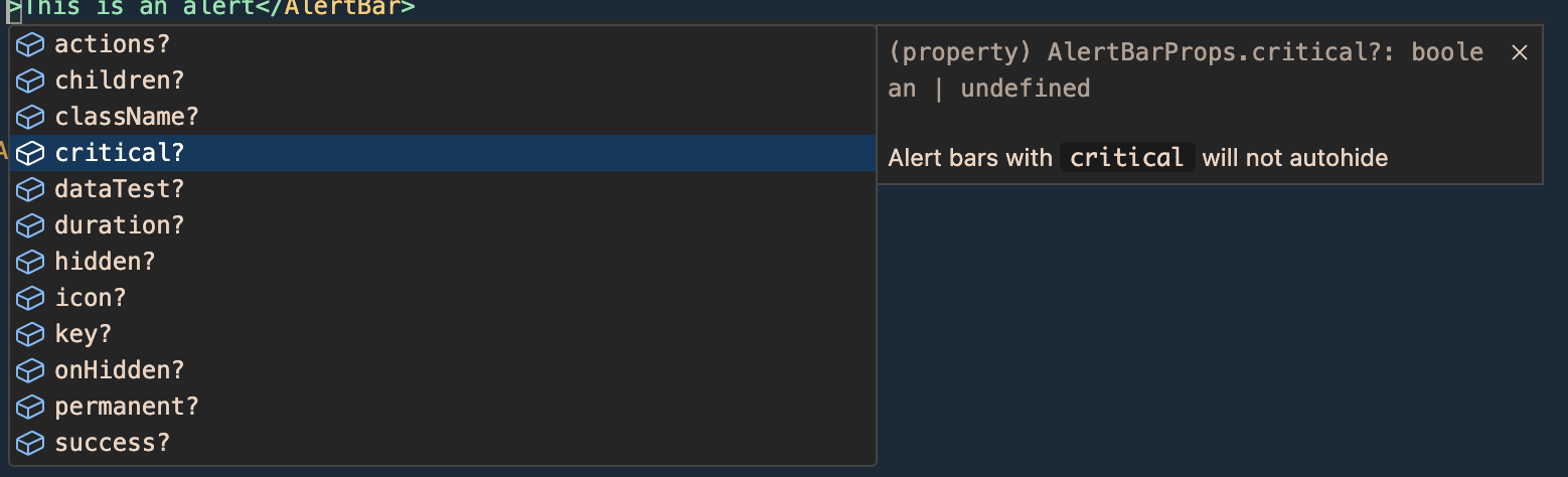 Auto-Completion showing details for selected component