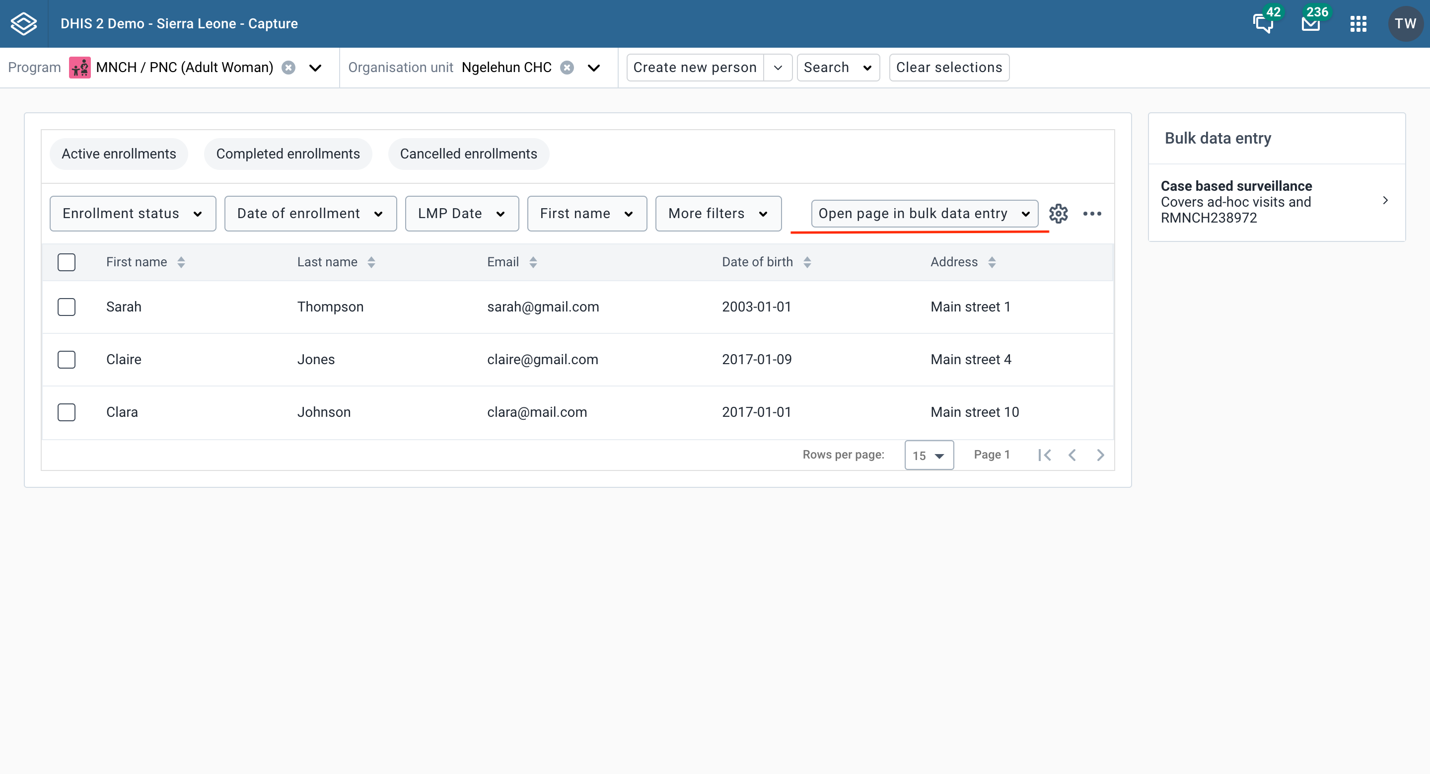 Dropdown menu bulk data entry tracked entities working lists