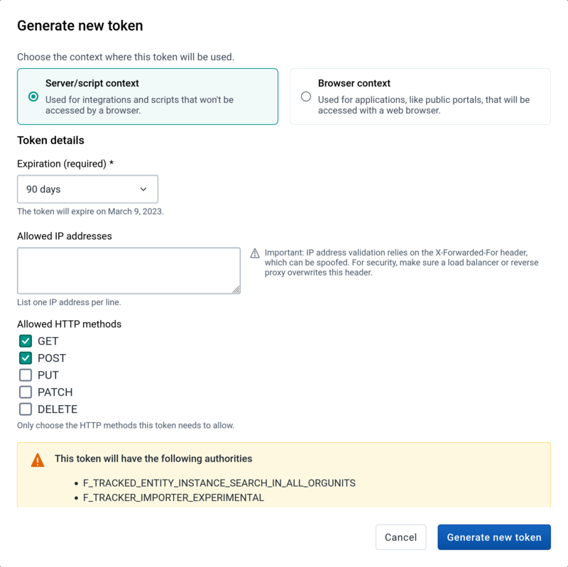 Personal access token dialog