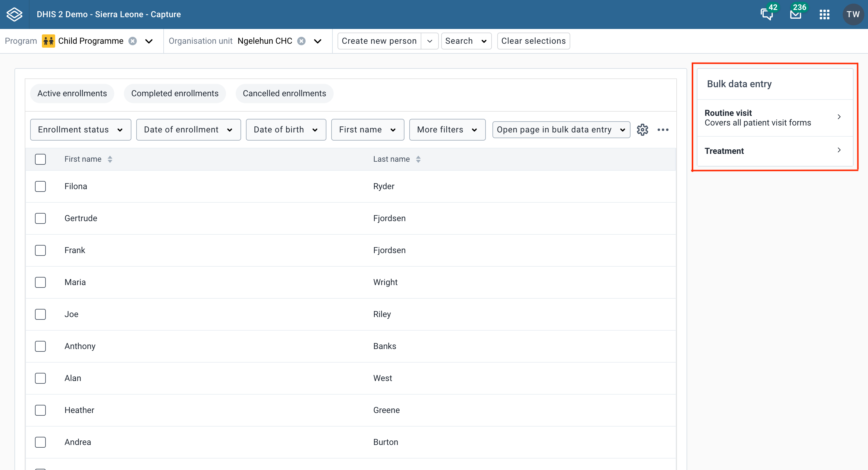 Widget bulk data entry main page