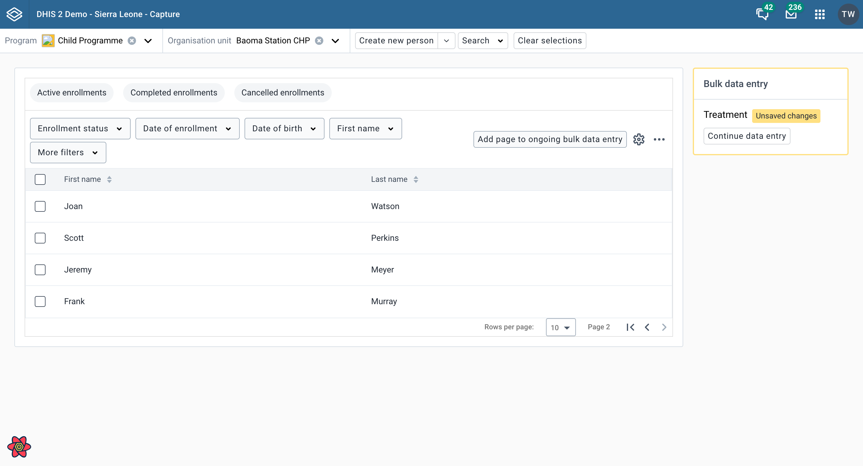 Widget bulk data entry main page