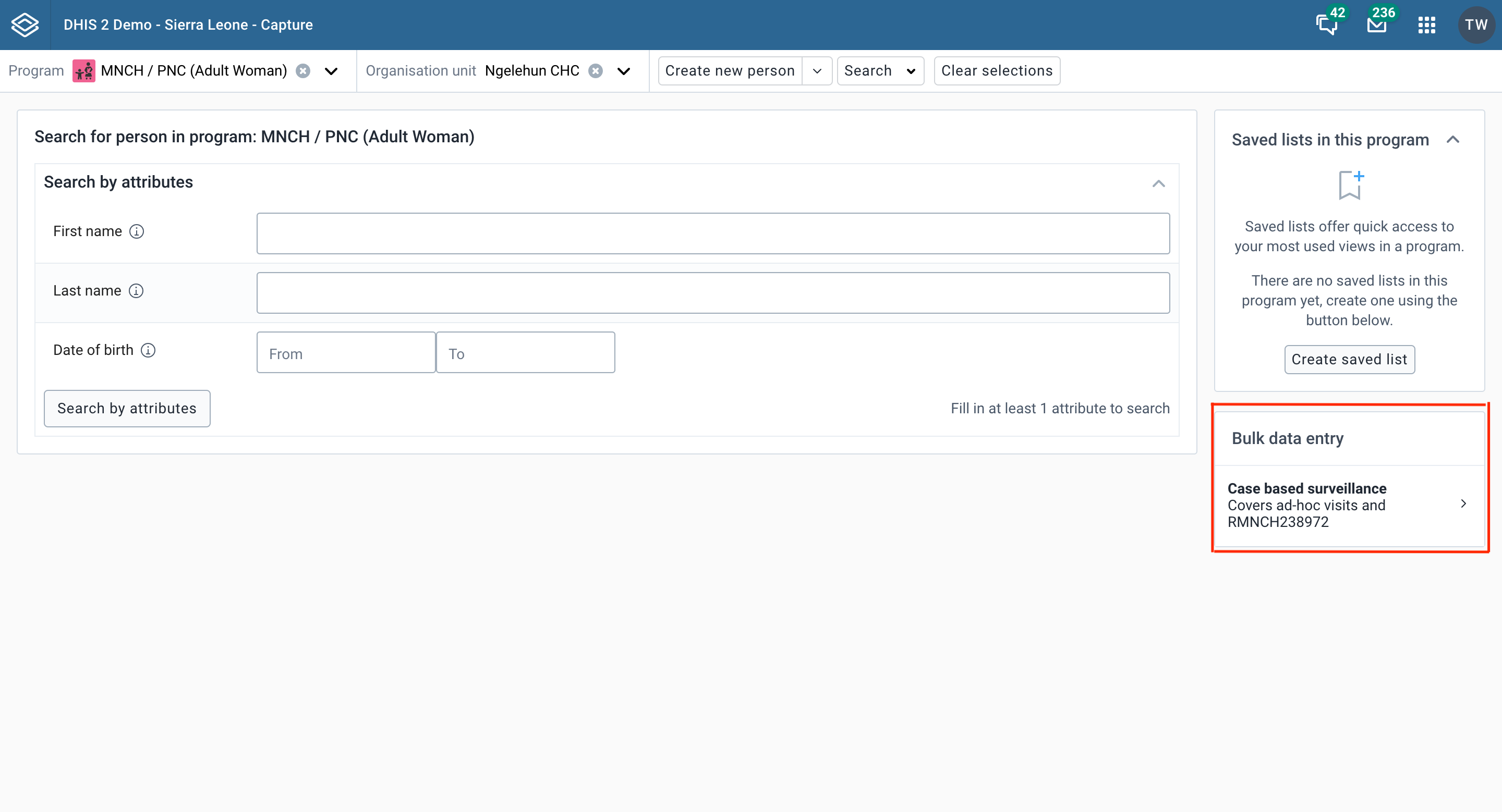 Widget bulk data entry search page