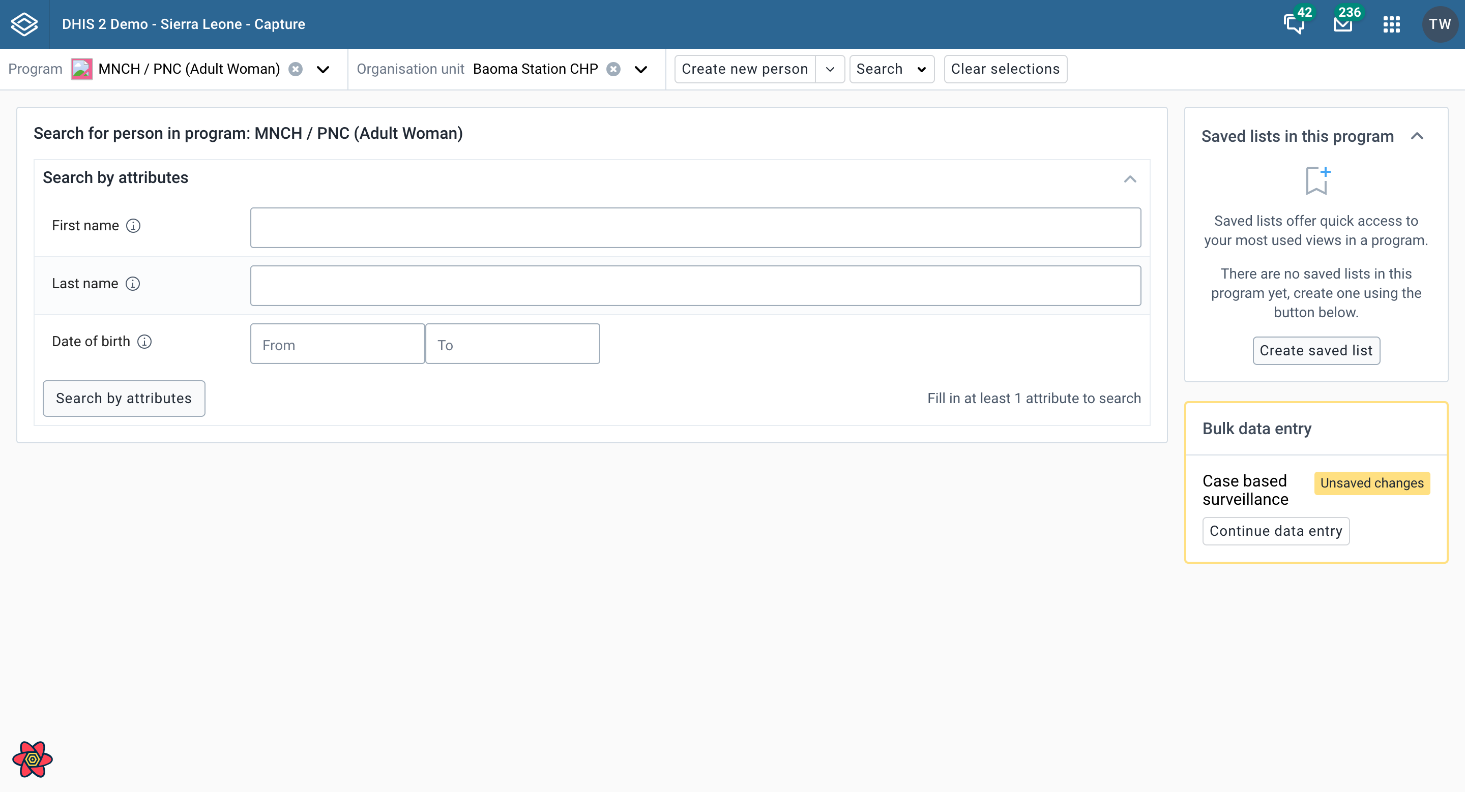 Widget bulk data entry search page